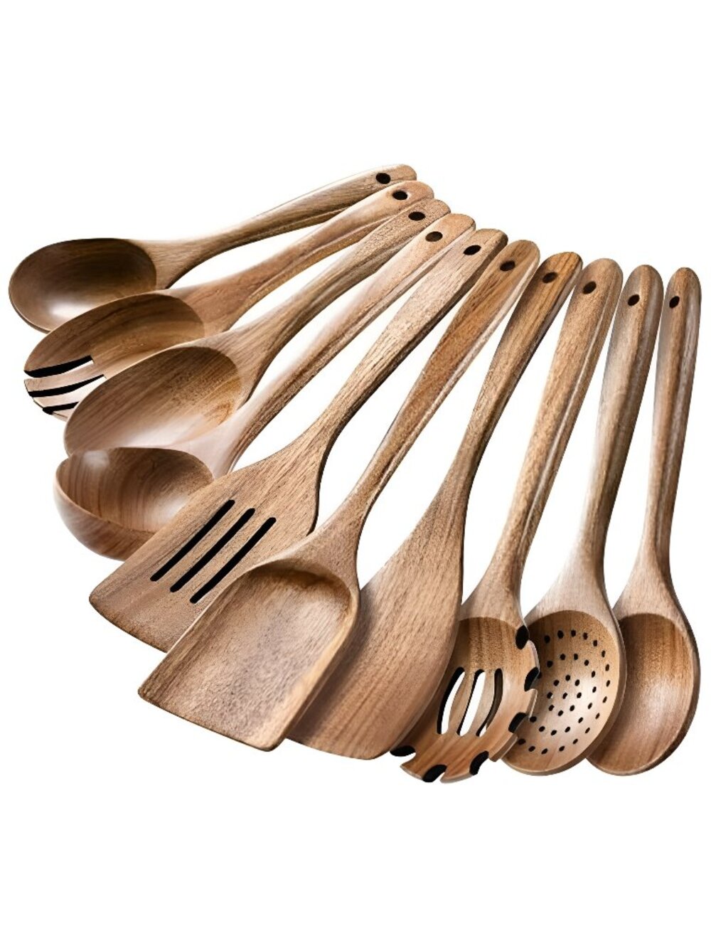 HSM Wooden Spoons for Cooking, 10-Piece Acacia Wood Kitchen Utensil Set - E